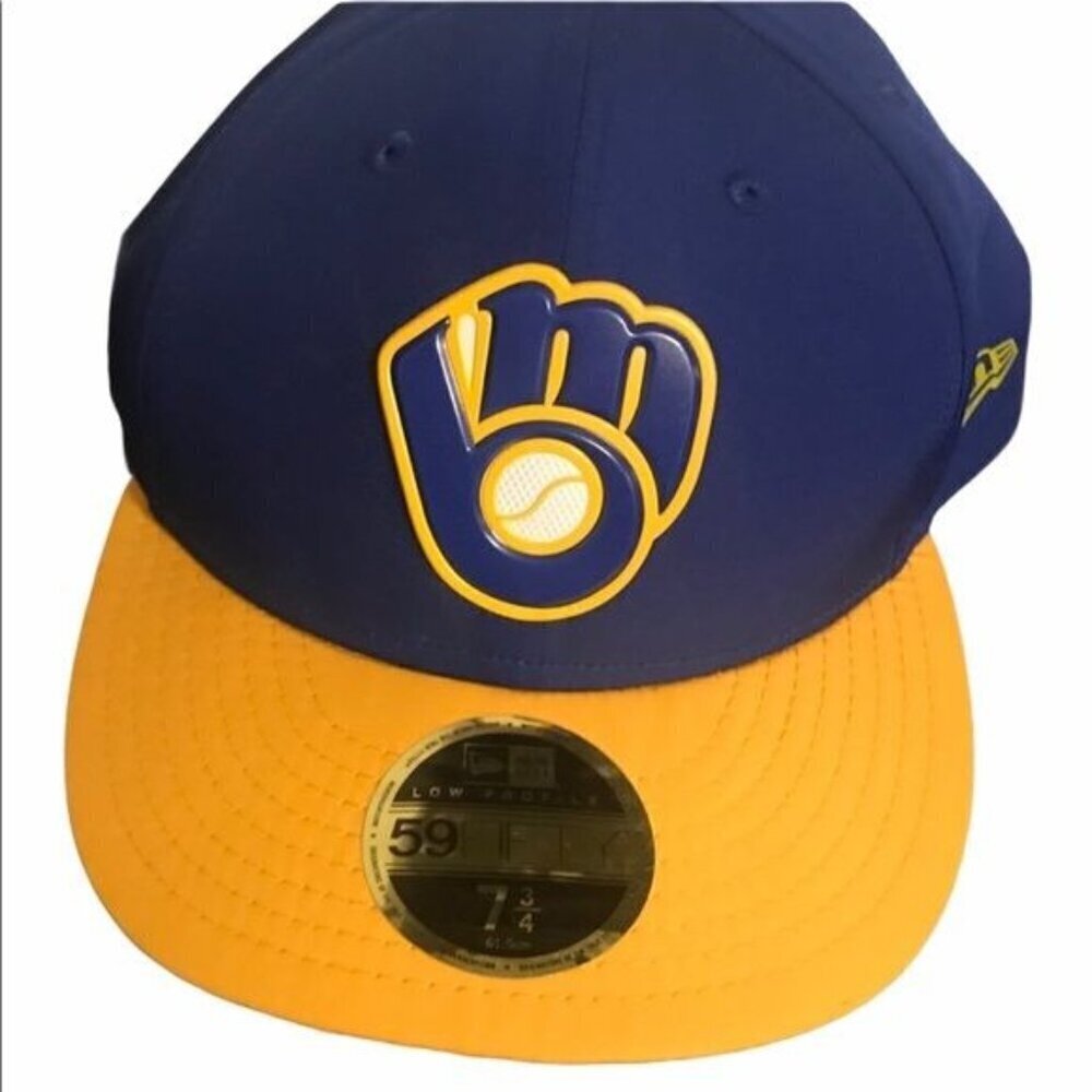 NEW! Milwaukee Brewer Baseball MLB 59Fifty Log Blue Yellow Hat Fitted 7 3/4